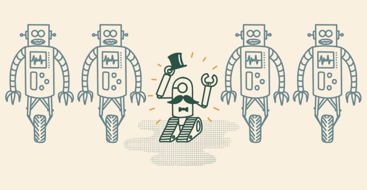 A unique robot in a line of robots to show differentiation